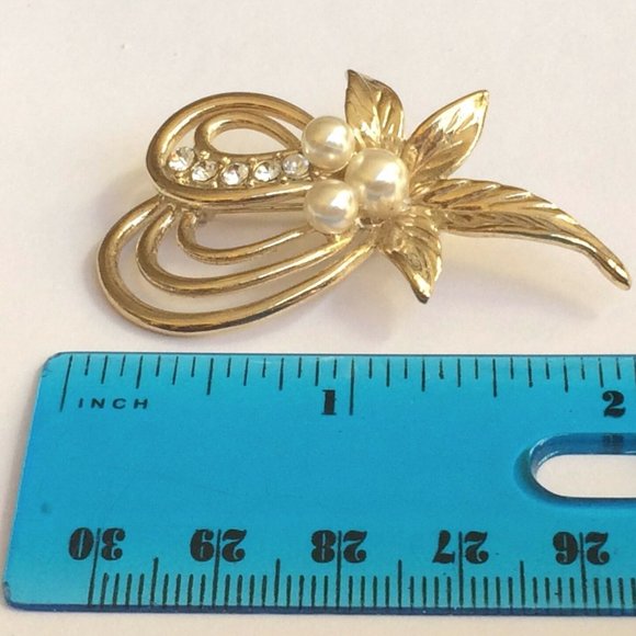 Vintage Pearl Oak Leaf Pin Brooch Fall Jewelry Crystal Flower Gold Plated Deco - Picture 10 of 11
